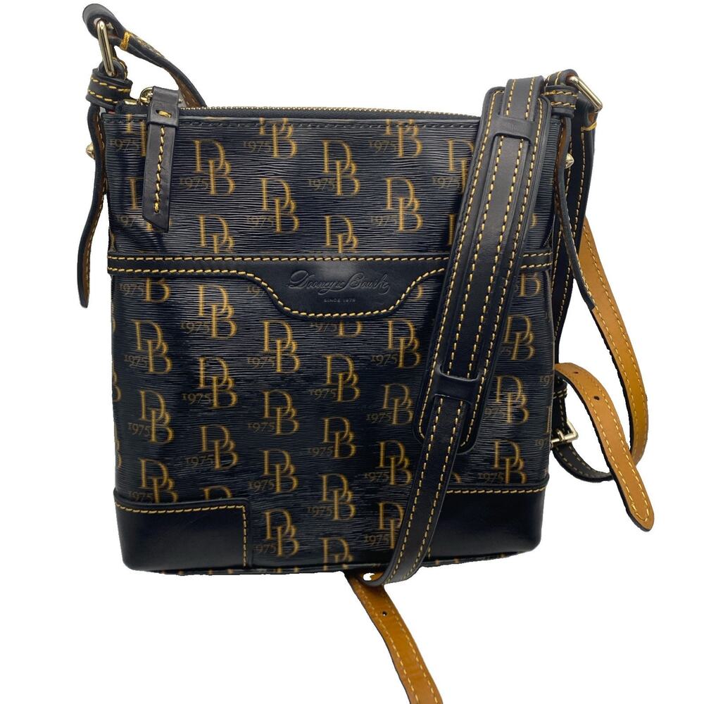 Dooney & Bourke Signature Monogram Crossbody Bag Brown Black Zip Red Lining